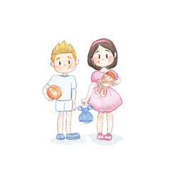 Watercolor illustration of boy and girl (brother and sister)