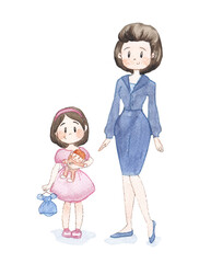 Watercolor illustration of mother and daughter