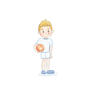 Watercolor illustration of a boy with ball