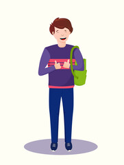 A School Boy wirh Backpack bag isolated, Student standing and smiling, Vector