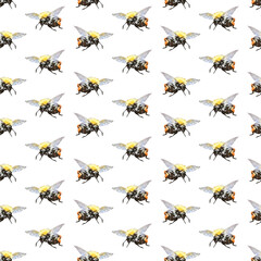 Watercolor  bees trendy endless background. Cute summer watercolor seamless pattern and scrapbook digital paper.