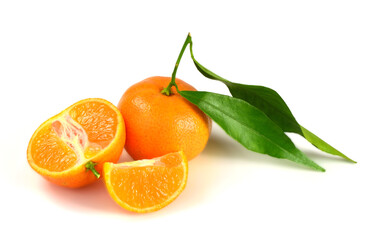 Closeup on Mandarin with Leaves Isolated on White Background.