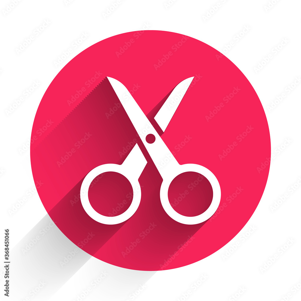 Aufkleber white scissors icon isolated with long shadow. cutting tool sign. red circle button. vector illustra