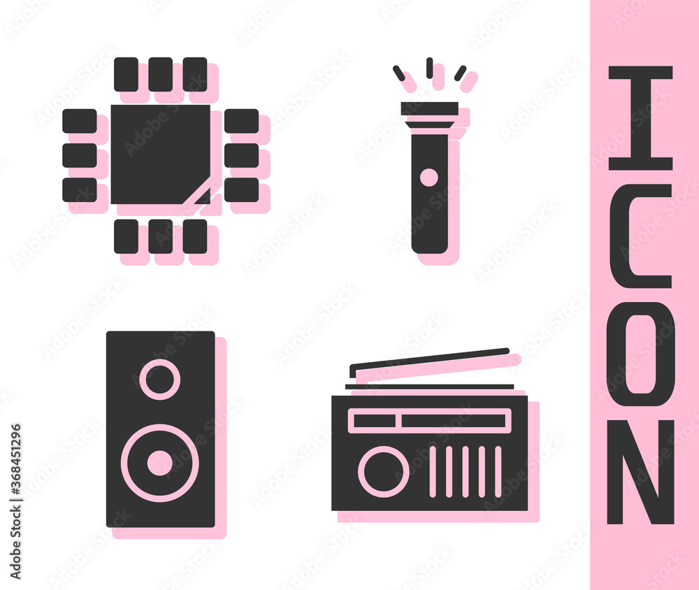 Poster set radio with antenna, processor with microcircuits cpu, stereo speaker and flashlight icon. vector