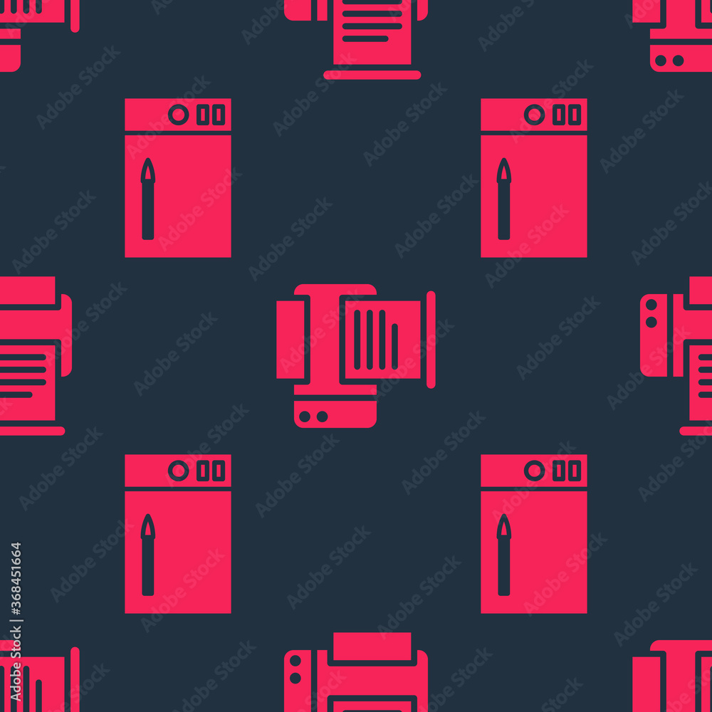 Poster set graphic tablet and printer on seamless pattern. vector.