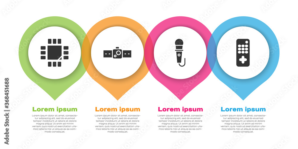 Poster set processor with microcircuits cpu, smartwatch, microphone and remote control. business infographi