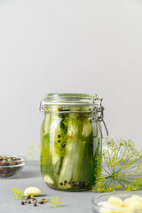 Healthy probiotic food. Homemade fermented cucumbers with garlic, dill and pepper in a glass jar. Light gray background. Copy space.
