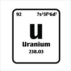 Uranium (U) button on black and white background on the periodic table of elements with atomic number or a chemistry science concept or experiment.	