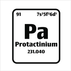 Protactinium (Pa) button on black and white background on the periodic table of elements with atomic number or a chemistry science concept or experiment.	