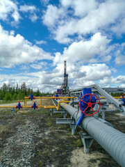 Pipeline manifold of gas wells of producing gas wells in the northern field. High pressure gate...