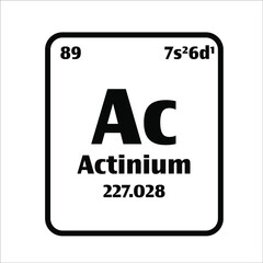 Actinium (Ac) button on black and white background on the periodic table of elements with atomic number or a chemistry science concept or experiment.	