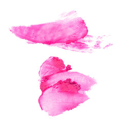 Obraz premium Set of strokes of pink lipstick. Brush stroke, smear, smudge of cosmetics. Dirty lipstick stains. Illustration isolated on white background. Texture, background, template.