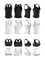 Set of women's sportswear. Tank top and brasier in white and black. 3d render of realistic clothing template, mock up sports uniform isolated on a white background.