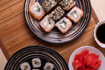 traditional asian rice fish rolls, top view shot