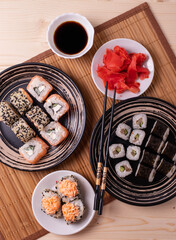 traditional asian rice fish rolls, top view shot