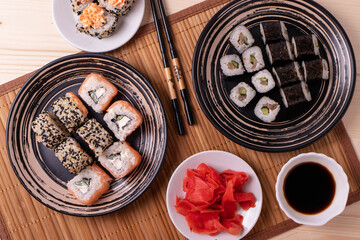 traditional asian rice fish rolls, top view shot