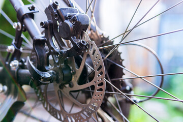 Fototapeta na wymiar Bicycle disc brakes close up selective focus