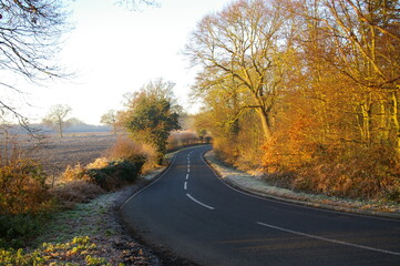 Fototapeta premium A view along a county road on a frosty morning in Essex, England, UK.