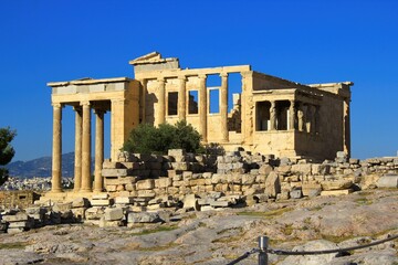 Greece, Athens, June 16 2020 - View of the archaeological site of Acropolis hill with Erechtheio temple in the background.