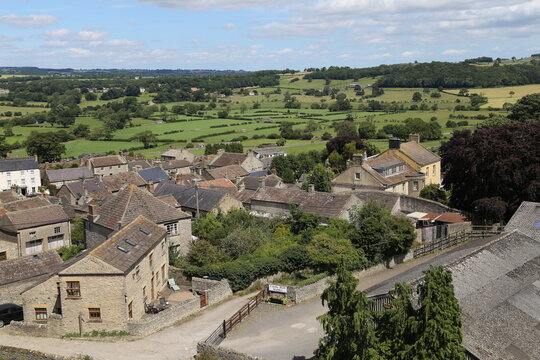 A view across the village of Middleham, Yorkshire, England to rural farms.