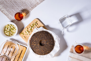 Chinese tea ceremony, herbal tea. Traditional Asian black tea. on a white background, top view. flat lay