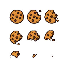 Bitten chocolate chip cookie evolution series isolated vector illustration set