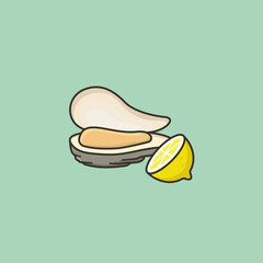 Fresh opened oyster and half lemon vector illustration for Oyster Day on August 5. French cuisine and seafood symbol.