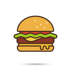 Hamburger or cheeseburger vector line icon, flat style with color fill, Fast food symbol.