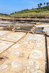 Detail view of the compartments and concentrators of the Rio Maior salt flats in Portugal.