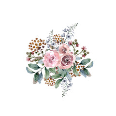 Design of colorful vintage flower bouquet for invitation and greeting card design Hand drawn watercolor isolated illustration on white background