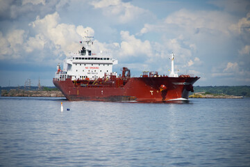 A large cargo ship on a river