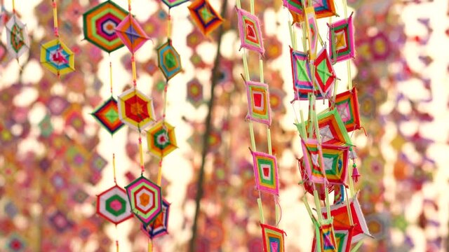 Esan Festival with colorful Flags. Fabric flag  hanging flags in Isan art can be seen in the northeastern part of Thailand.
