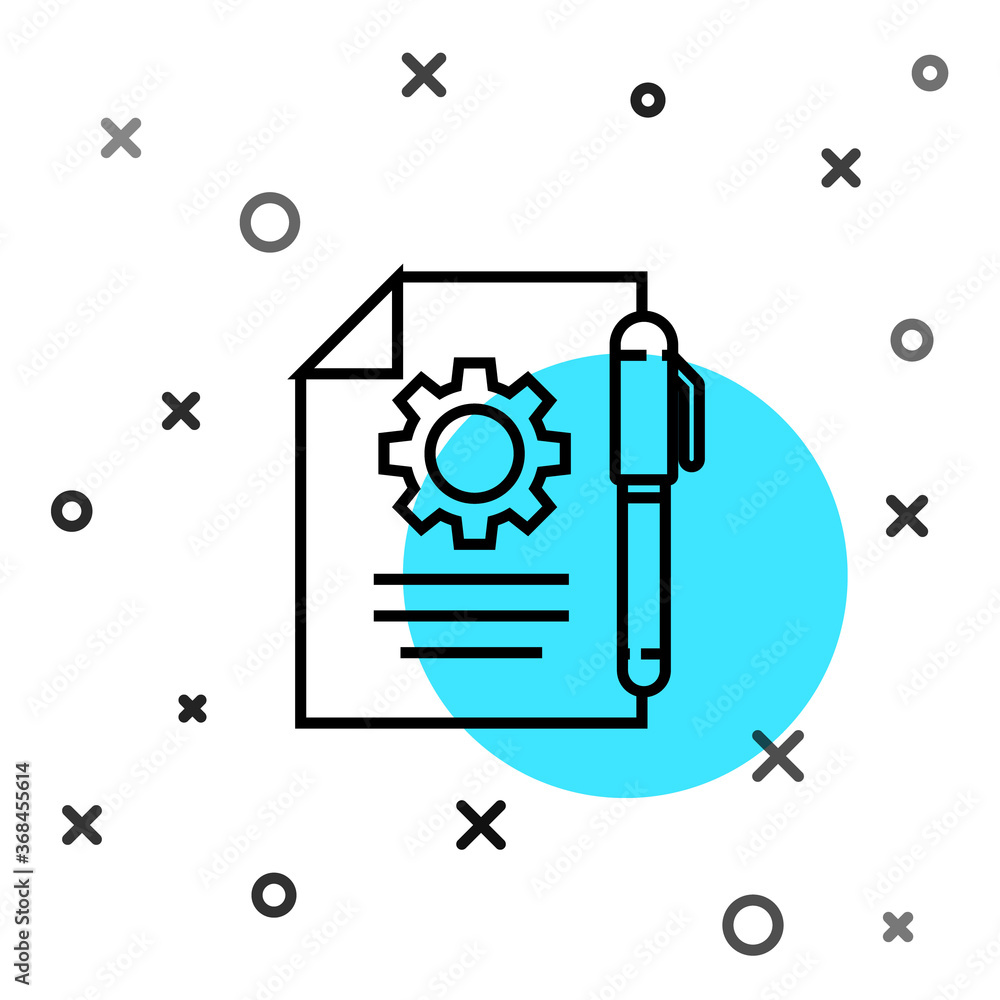 Poster black line document settings with gears icon isolated on white background. software update, transfer