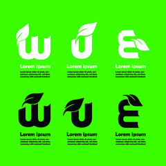 W, U, E, leaf logo. Vector illustration. Green background. Lorem ipsum. Isolated 
