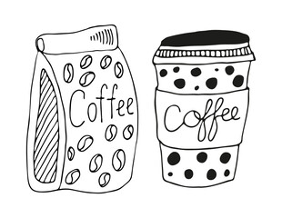 Paper cup and coffee bag black outline vector illustration on white background. Cute doodle sketch for coffee day cards, beverage, design and packaging materials.