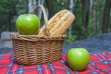 Picnic basket with baguette and fruits on checkered cloth on rocks. Romantic still life of autumn or summer outing, lunch at nature