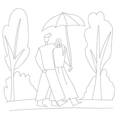 a couple in love walks in the park, under an umbrella. A man hugs a woman. The concept of love and family values. Hand drawn linear sketch. Autumn colours,