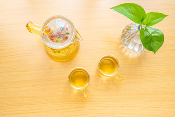 Herbal health tea brewed on the table