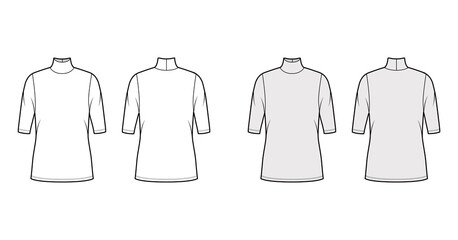 Turtleneck jersey sweater technical fashion illustration with elbow sleeves, oversized body, tunic length. Flat outwear apparel template front, back white grey color. Women, men unisex shirt top CAD
