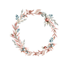 Hand drawing watercolor autumn floral wreath of berries, flowers, leaves. illustration isolated on white. Perfect for wedding invitation, greeting cards, scrapbooking.