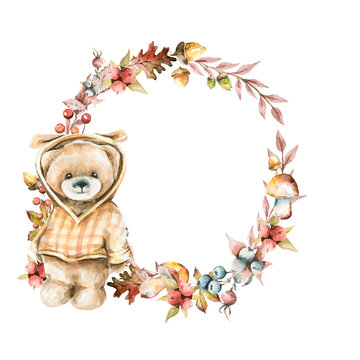 Hand drawing watercolor autumn floral wreath of berries, acorns, mushrooms, flowers, leaves and cute teedy bear. illustration isolated on white