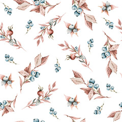 Hand drawing watercolor winter floral pattern of berries, flowers, leaves and branches. illustration isolated on white. Perfectfor fabric, scrapbooking, wedding invitation