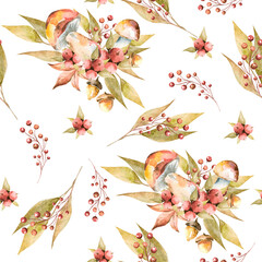 Hand drawing watercolor autumn floral pattern of berries, flowers, leaves, acorns, mushrooms, branches. illustration isolated on white. Perfectfor fabric, scrapbooking, wedding invitation