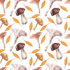 Seamless watercolor pattern with mushrooms and autumn leaves on a white background.