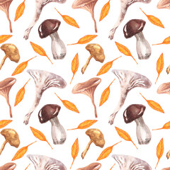 Seamless watercolor pattern with mushrooms and autumn leaves on a white background.