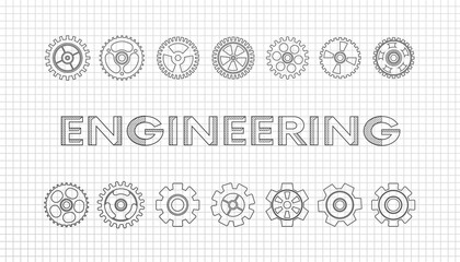 Mechanical engineering drawings. Technical drawing.ENGINEERING - science,Cogwheel flat machine gear icon. mathematics education concept typography design.