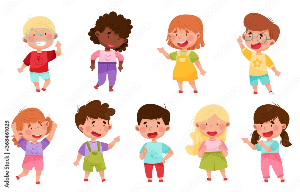 Poster kid characters pointing at something with their first finger vector illustration set