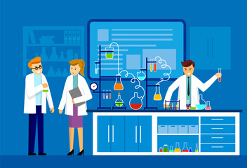 Illustration of scientists men and woman working at science lab Chemical experiment lab testing flat vector illustration Scientists in white lab coats analyzing liquid in tubes lab cartoon characters
