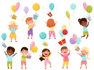 Kid Characters Throwing Gift Boxes with Balloons Vector Illustration Set