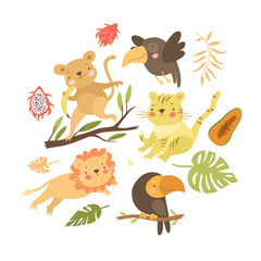 cute vector illustration of safari and jungle animals. funny lion, funny parrots, monkey with banana, striped tiger, cute doodles with palm leaves and exotic fruits